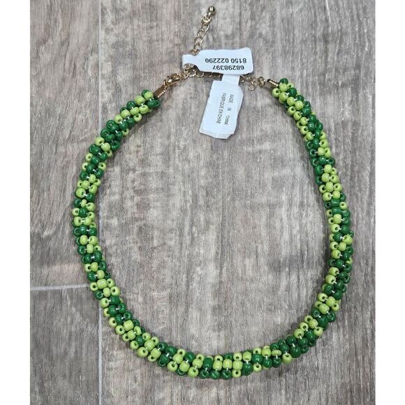 Free People Diving In Necklace seed  Beaded Green & Lime  Braided Gold  Choker - Picture 1 of 2